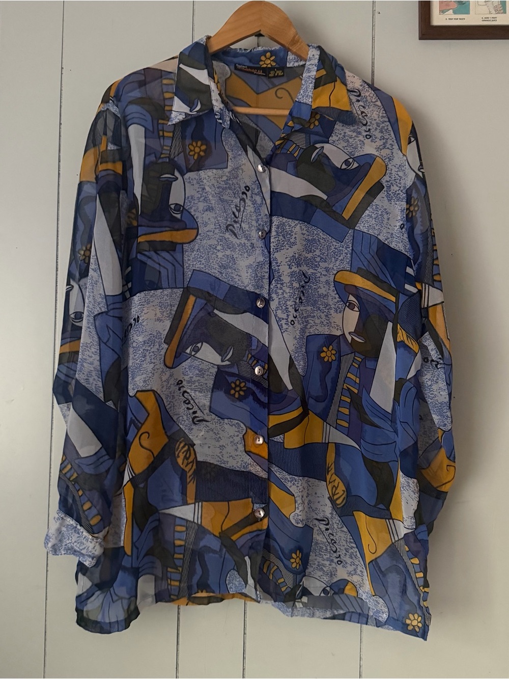 Vintage Picasso Blouse Semi Sheer Rayon Abstract Shirt Button Up Adult Size L
